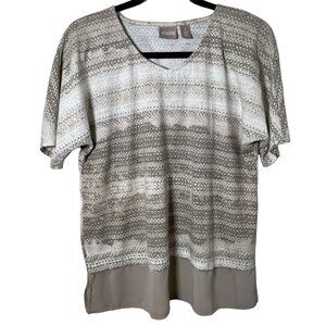 Chico’s Brown White Striped V Neck Short Sleeve Top Size 1 Medium Casual Fall